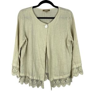Carla Conti Boho Linen Lace Hem One Button Closure Top Large Neutral Coastal
